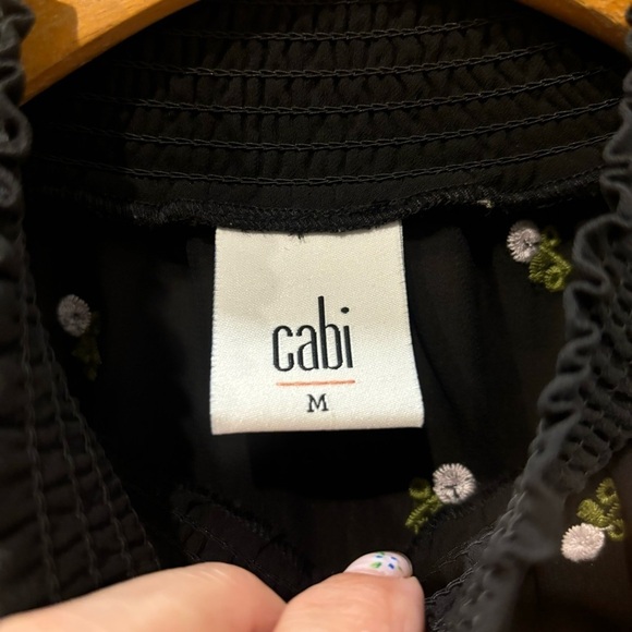 Cabi Medium Top Black Sheer Floral Embroidered Mock Neck Quarter Button Down - Picture 6 of 13
